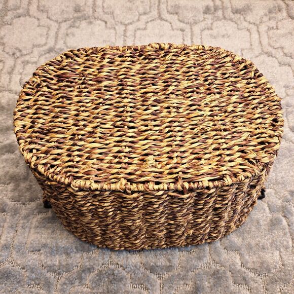 WICKER BASKET WITH WOODEN HANDLES MEDIUM TAN BROWN WOVEN OVAL WOODEN BOHO DECOR - Picture 3 of 9